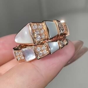 Premium 1:1 Bvlgari Serpenti Viper Single Loop Ring with Pavé Diamonds and White Mother-of-Pearl Replica – Custom Solid 18K Rose Gold