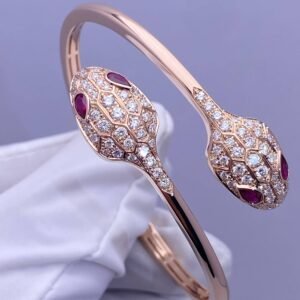 Premium 1:1 Bvlgari Serpenti Bangle Bracelet Set with Rubellite Eyes and Pavé Diamonds on the Head Replica – Custom Solid 18k Rose Gold