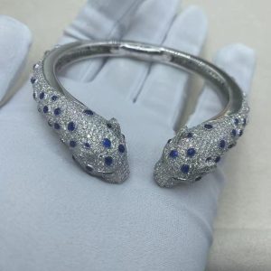 Premium 1:1 Panthère De Cartier Bracelet, Sapphires and Paved Diamonds Replica – Custom Solid 18K White Gold