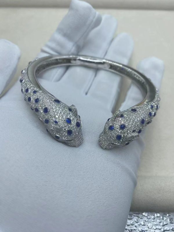 Premium 1:1 Panthère De Cartier Bracelet, Sapphires and Paved Diamonds Replica – Custom Solid 18K White Gold
