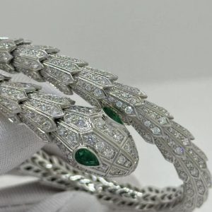 Custom Bvlgari Serpenti Bracelet Set with Pavé Diamonds and Two Emerald Eyes