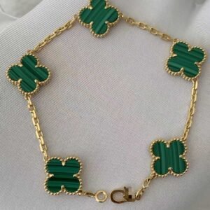 Premium 1:1 Van Cleef & Arpels Vintage Alhambra Bracelet, 5 motifs, Malachite Replica – Custom Solid 18K Yellow Gold