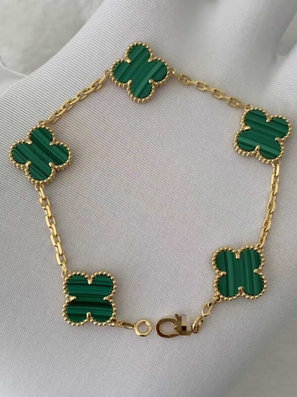 Premium 1:1 Van Cleef & Arpels Vintage Alhambra Bracelet, 5 motifs, Malachite Replica – Custom Solid 18K Yellow Gold