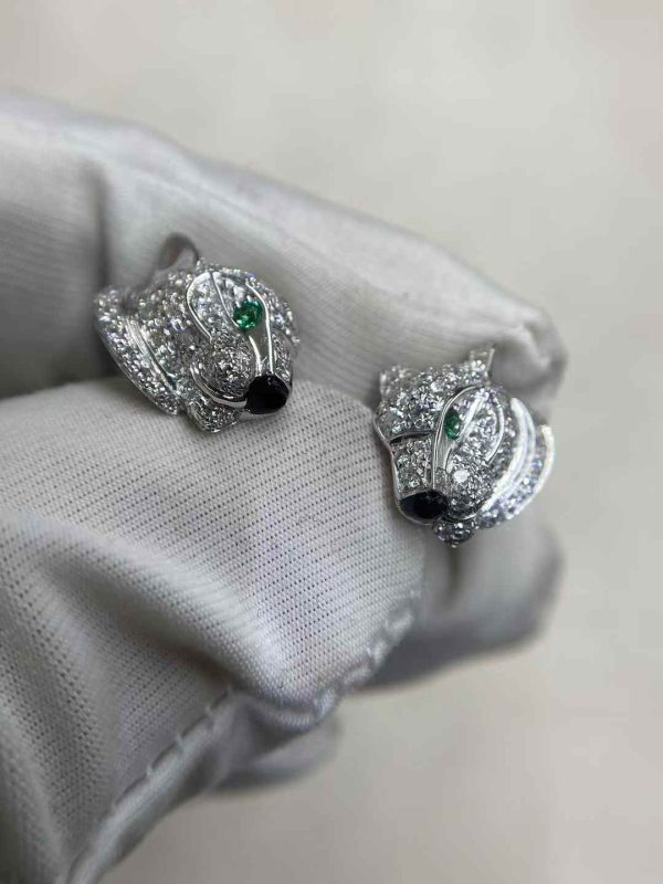 Premium 1:1 Cartier Panthère de Cheetah Earrings,Onyx,Paved with Diamonds Replica – Custom Solid 18k White Gold