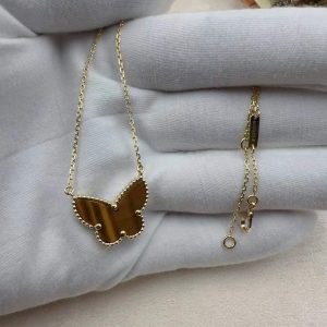 Premium 1:1 Van Cleef & Arpels Lucky Alhambra Butterfly Pendant, Tiger Eye Replica – Custom Solid 18k Yellow Gold