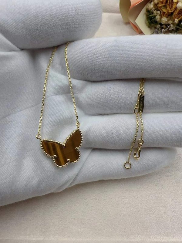 Premium 1:1 Van Cleef & Arpels Lucky Alhambra Butterfly Pendant, Tiger Eye Replica – Custom Solid 18k Yellow Gold
