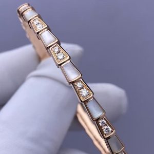 Custom Bvlgari Serpenti Viper Bracelet Set with Mother-Of-Pearl Elements and Pavé Diamonds
