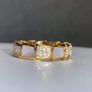 Custom Bvlgari Serpenti Viper Thick Band Ring Set with Pavé Diamonds and White Mother-of-Pearl Elements
