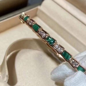 Custom Solid 18k Gold Bulgari Jewelry Serpenti Viper Thin Bangle Bracelet Set with Malachite Elements