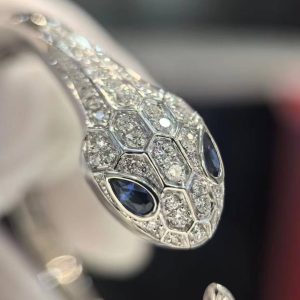 Custom Solid 18k Gold Bulgari Serpenti Seduttori Bracelet Set with Blue Sapphire Eyes and Demi Pavé Diamonds on the Head and Tail