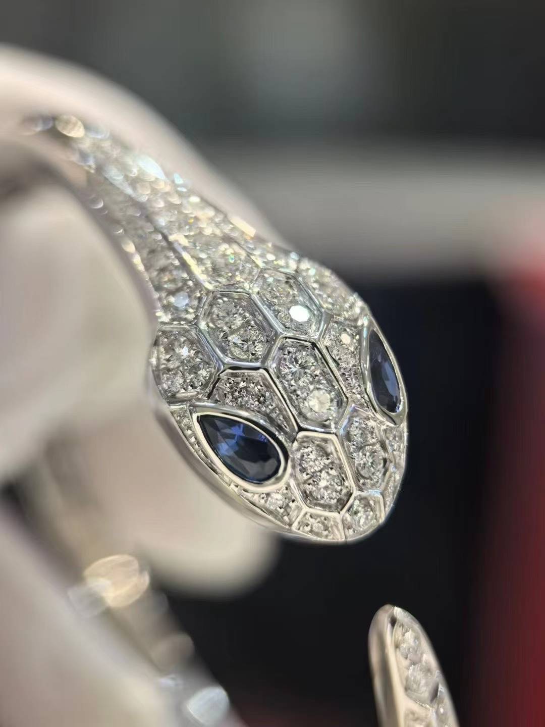 Custom Solid 18k Gold Bulgari Serpenti Seduttori Bracelet Set with Blue Sapphire Eyes and Demi Pavé Diamonds on the Head and Tail