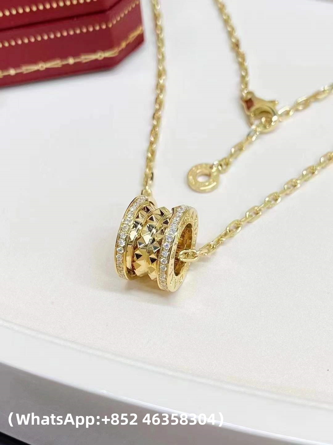 Premium 1:1 Bvlgari B.Zero1 Rock Necklace Pendant with Studded Spiral, Pavé Diamonds on the Edges and Chain Replica - Custom Solid 18k Yellow Gold