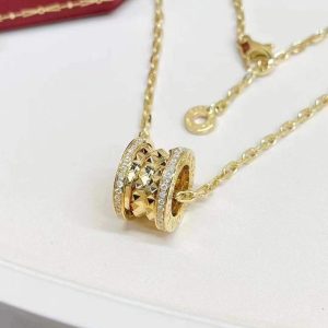 Premium 1:1 Bvlgari B.Zero1 Rock Necklace Pendant with Studded Spiral, Pavé Diamonds on the Edges and Chain Replica - Custom Solid 18k Yellow Gold