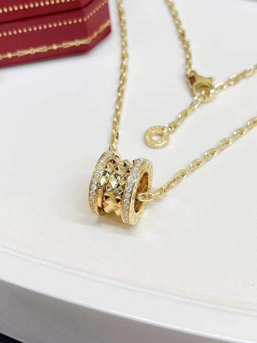 Premium 1:1 Bvlgari B.Zero1 Rock Necklace Pendant with Studded Spiral, Pavé Diamonds on the Edges and Chain Replica - Custom Solid 18k Yellow Gold