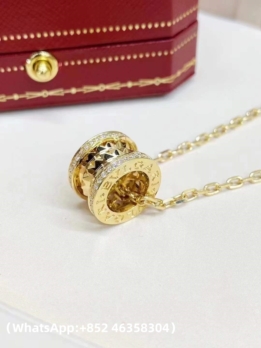 Premium 1:1 Bvlgari B.Zero1 Rock Necklace Pendant with Studded Spiral, Pavé Diamonds on the Edges and Chain Replica - Custom Solid 18k Yellow Gold