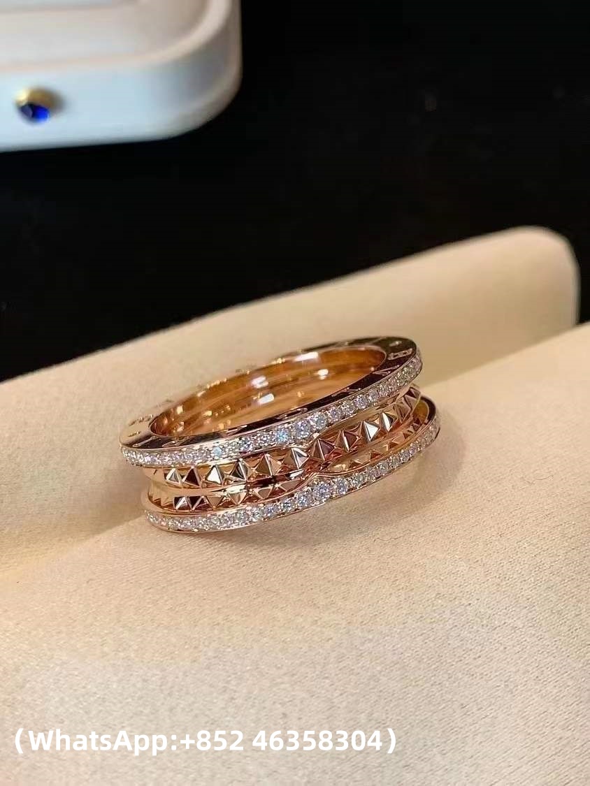 Custom Solid 18k Gold Bulgari Jewelry B.Zero1 Rock Two-Band Ring with Studded Spiral and Pavé Diamonds on the Edges