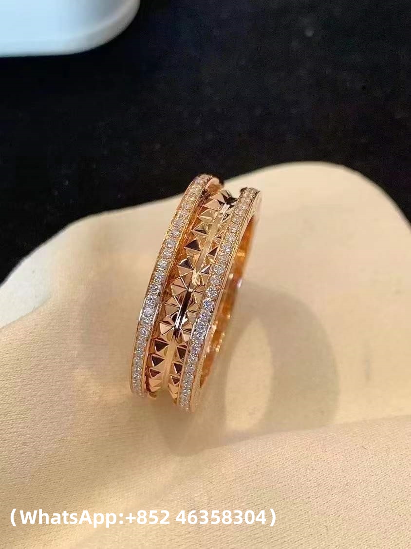 Custom Solid 18k Gold Bulgari Jewelry B.Zero1 Rock Two-Band Ring with Studded Spiral and Pavé Diamonds on the Edges