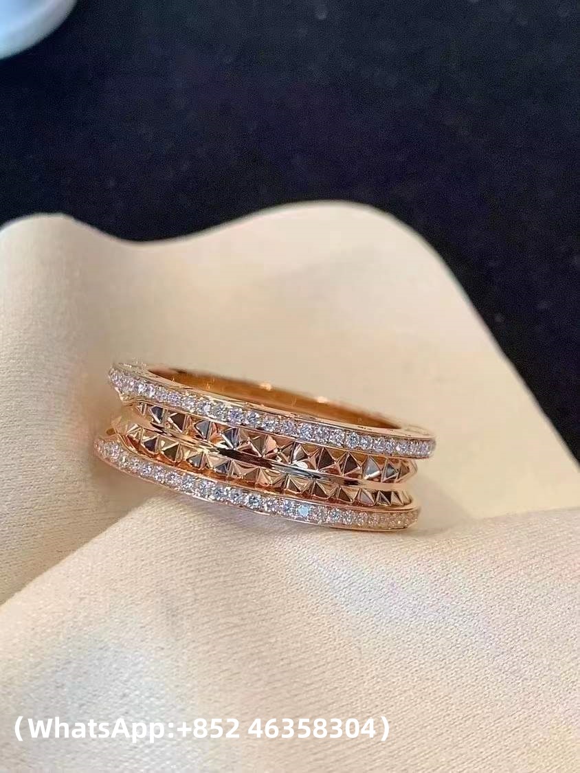 Custom Solid 18k Gold Bulgari Jewelry B.Zero1 Rock Two-Band Ring with Studded Spiral and Pavé Diamonds on the Edges