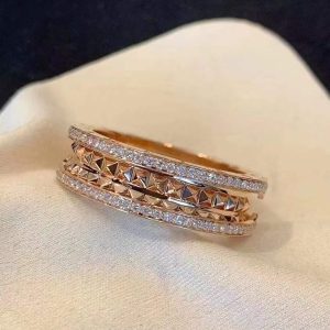 Custom Solid 18k Gold Bulgari Jewelry B.Zero1 Rock Two-Band Ring with Studded Spiral and Pavé Diamonds on the Edges