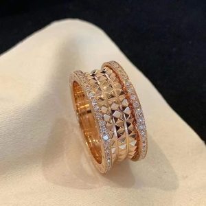 Premium 1:1 Bvlgari B.Zero1 Rock Four-Band Ring with Studded Spiral and Pavé Diamonds on the Edges