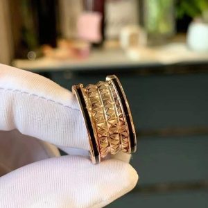 Custom Solid 18k Gold Bulgari Jewelry B.Zero1 Rock Four-Band Ring with Studded Spiral and Black Ceramic Inserts on the Edges