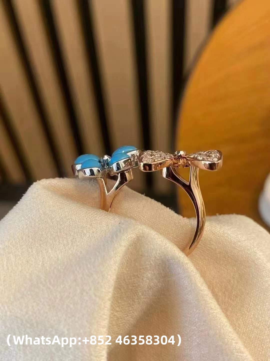 Custom Solid 18k Gold Van Cleef & Arpels Two Butterfly Between the Finger Ring