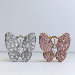 Custom Solid 18k Gold Van Cleef & Arpels Jewelry Two Butterfly Earrings 18K White gold Diamond Sapphire
