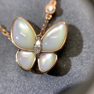 Premium 1:1 Van Cleef & Arpels Two Butterfly Pendant, Diamond, Mother-of-pearl Replica - Custom Solid 18k Rose Gold