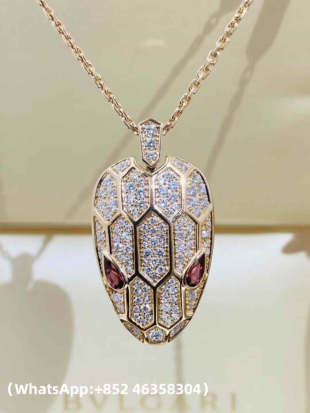 Custom Solid 18k Gold Bulgari Jewelry Serpenti Pendant Necklace Set with Rubellite Eyes and Pavé Diamonds on the Chain and Head