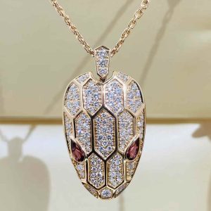 Custom Solid 18k Gold Bulgari Jewelry Serpenti Pendant Necklace Set with Rubellite Eyes and Pavé Diamonds on the Chain and Head