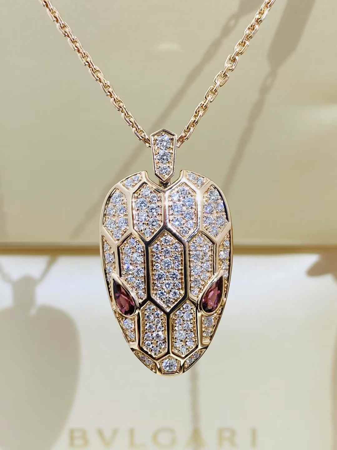 Custom Solid 18k Gold Bulgari Jewelry Serpenti Pendant Necklace Set with Rubellite Eyes and Pavé Diamonds on the Chain and Head