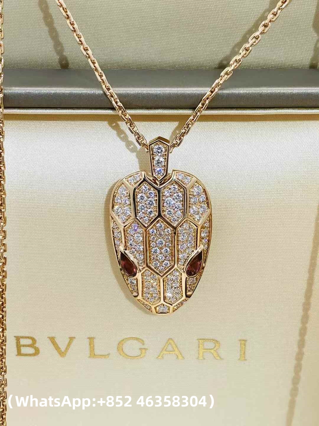 Custom Solid 18k Gold Bulgari Jewelry Serpenti Pendant Necklace Set with Rubellite Eyes and Pavé Diamonds on the Chain and Head
