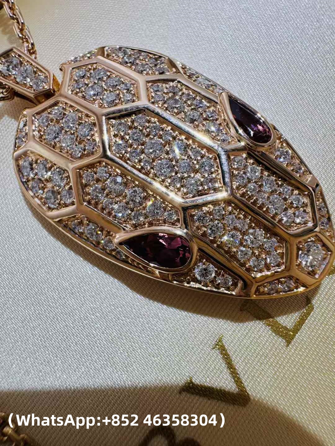 Custom Solid 18k Gold Bulgari Jewelry Serpenti Pendant Necklace Set with Rubellite Eyes and Pavé Diamonds on the Chain and Head