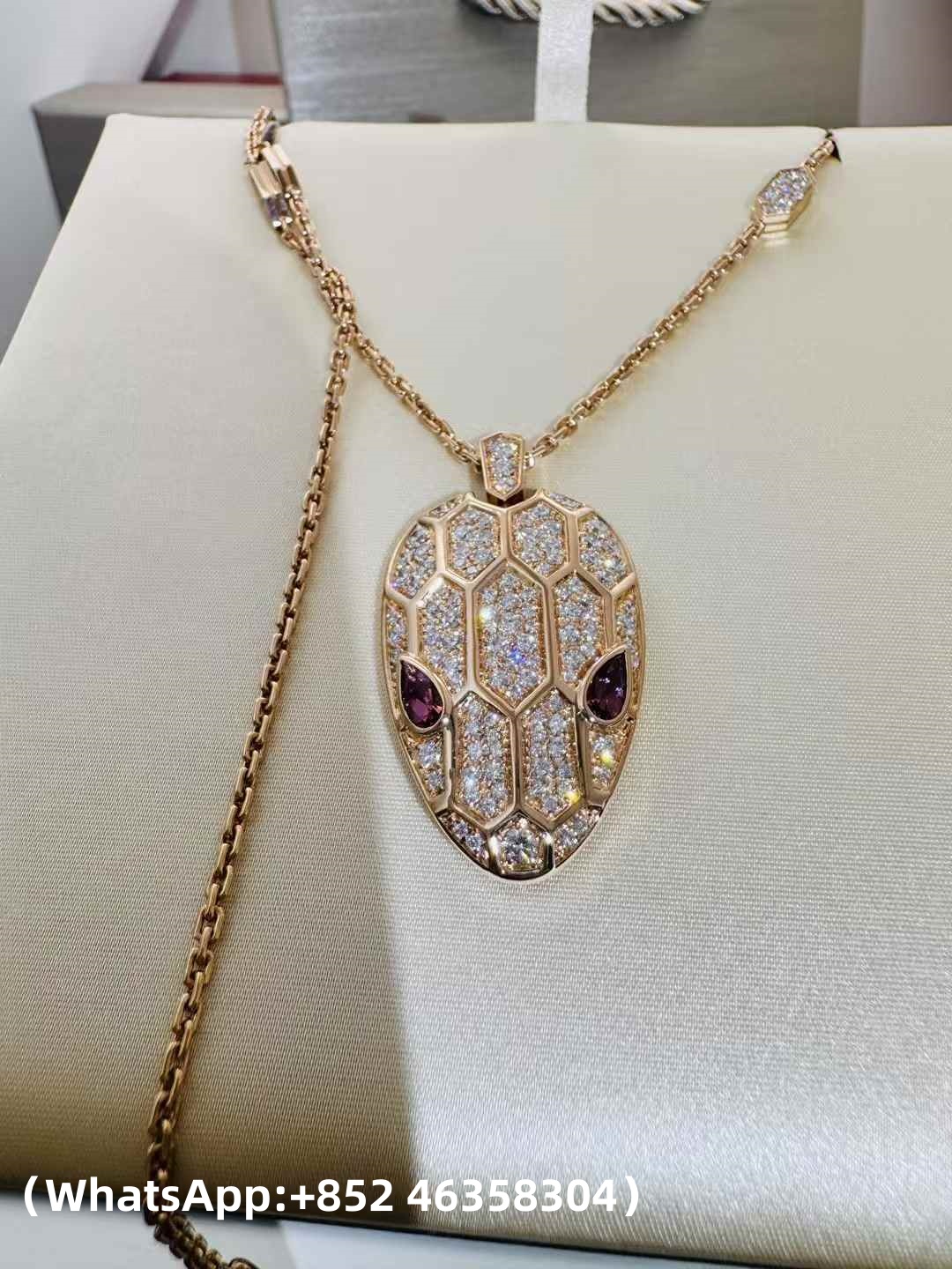 Custom Solid 18k Gold Bulgari Jewelry Serpenti Pendant Necklace Set with Rubellite Eyes and Pavé Diamonds on the Chain and Head