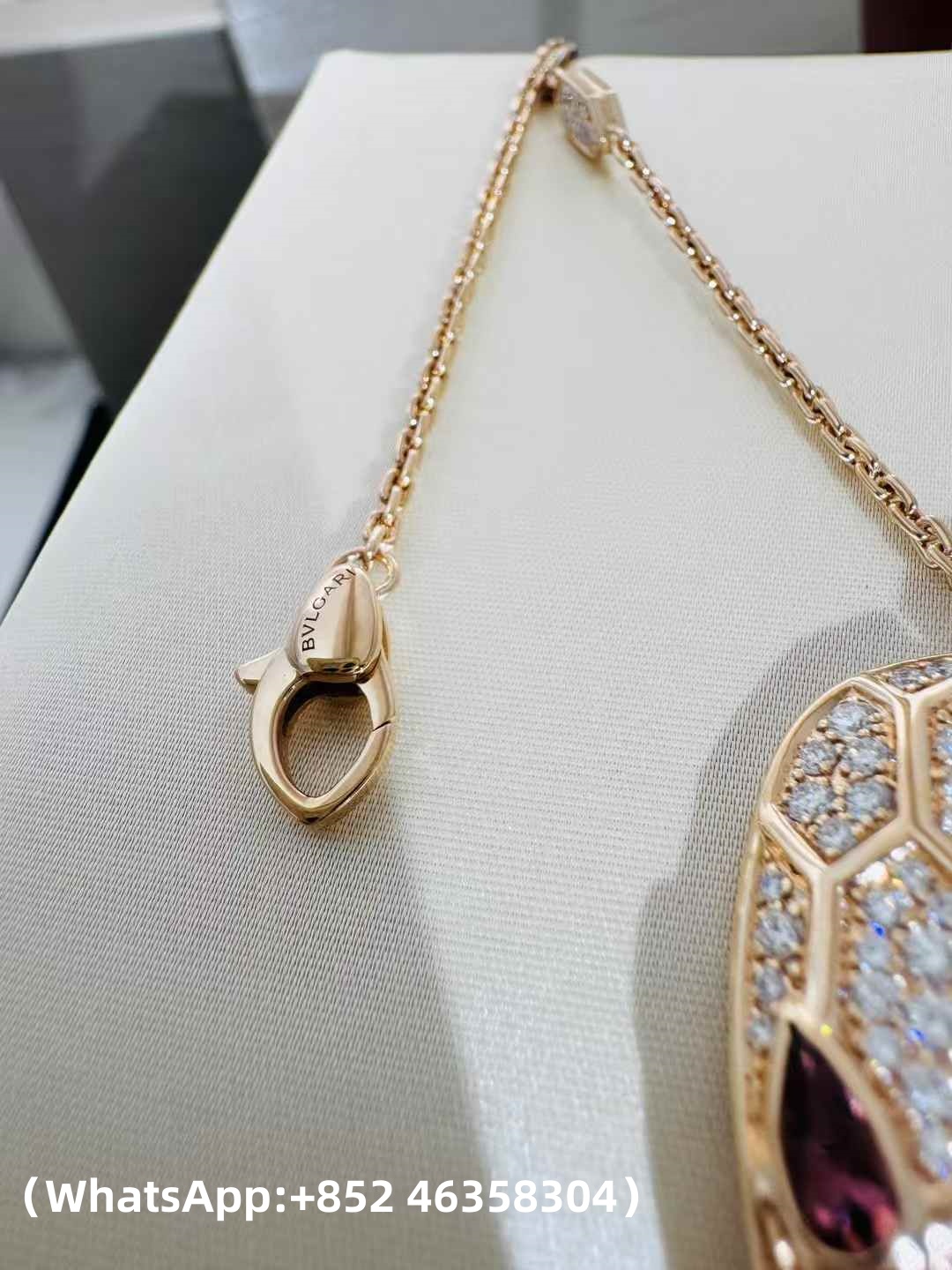 Custom Solid 18k Gold Bulgari Jewelry Serpenti Pendant Necklace Set with Rubellite Eyes and Pavé Diamonds on the Chain and Head