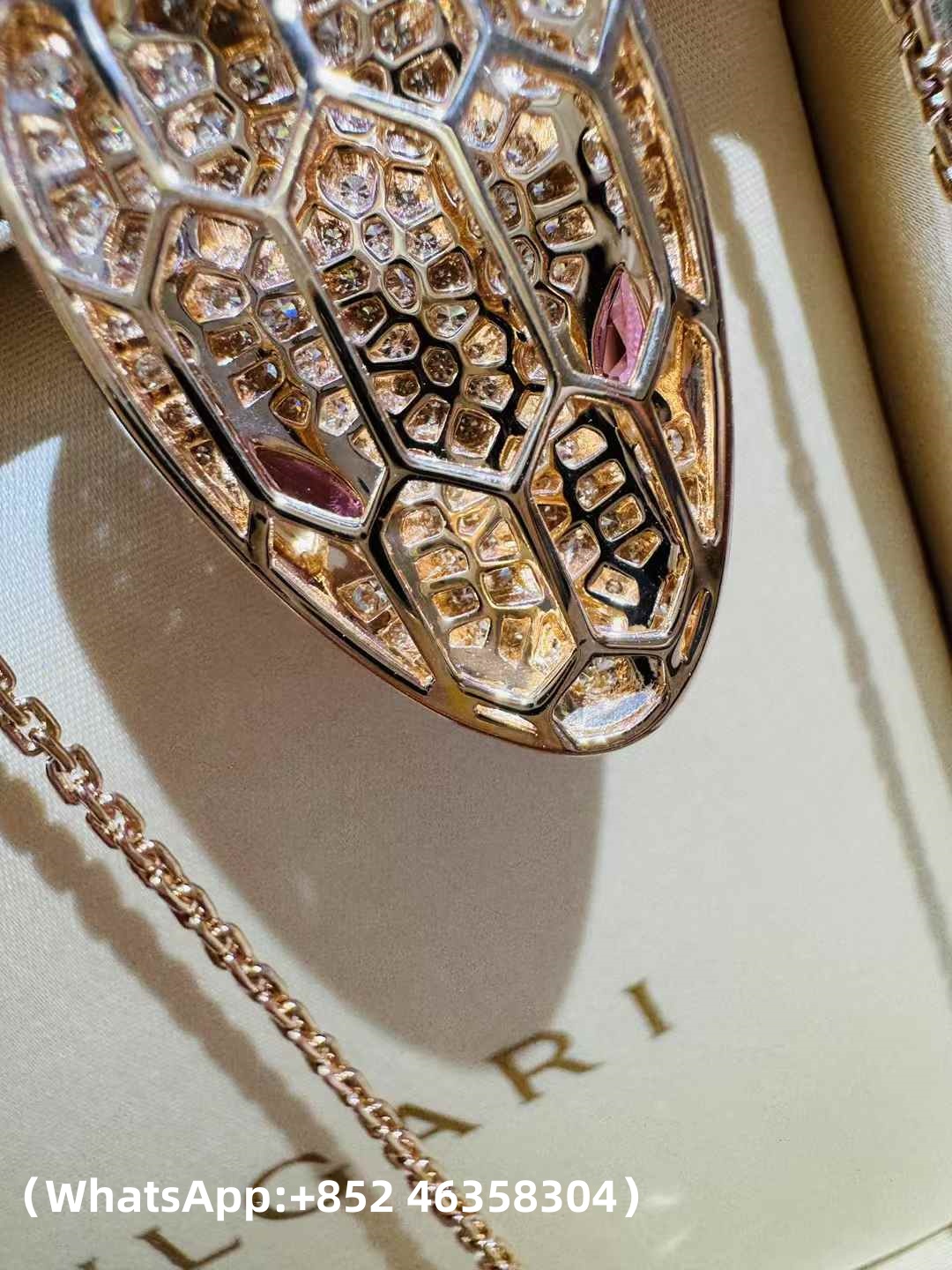 Custom Solid 18k Gold Bulgari Jewelry Serpenti Pendant Necklace Set with Rubellite Eyes and Pavé Diamonds on the Chain and Head