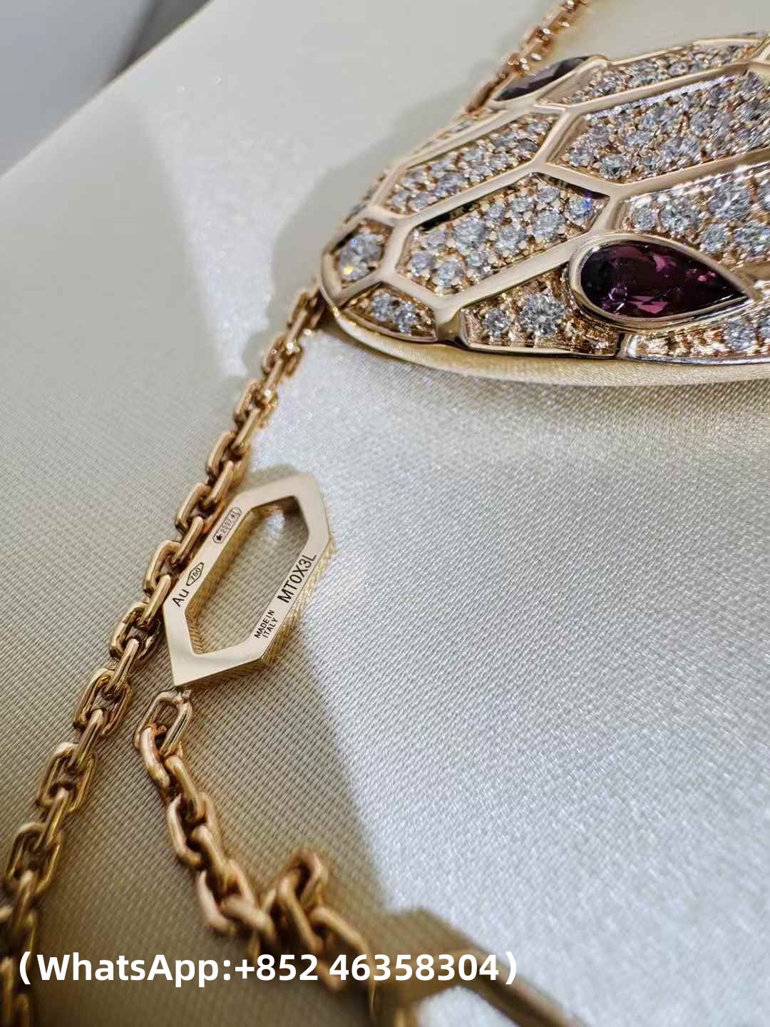 Custom Solid 18k Gold Bulgari Jewelry Serpenti Pendant Necklace Set with Rubellite Eyes and Pavé Diamonds on the Chain and Head