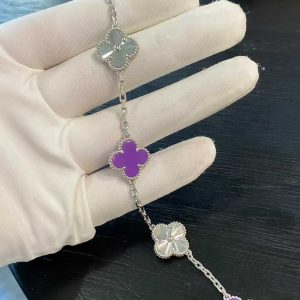 Custom Solid 18K Gold Van Cleef & Arpels Jewelry Vintage Alhambra Bracelet, 5 Motifs, Amethyst