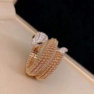 Custom Solid 18k Gold Bulgari Jewelry Serpenti Two-Coil Ring Set with Pavé Diamonds on the Head and Tail And Black Onyx Eyes