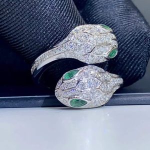 Premium 1:1 Bvlgari Serpenti Seduttori Ring set with Emerald Eyes and Pavé Diamonds Replica - Custom Solid 18k White Gold