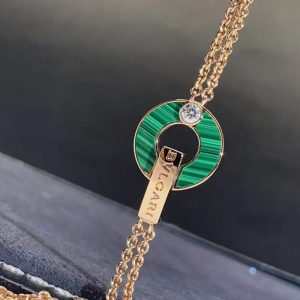 Custom Solid 18k Gold Bulgari Jewelry Bulgari Openwork Bracelet Set with Malachite Elements and a Round Brilliant-Cut Diamond