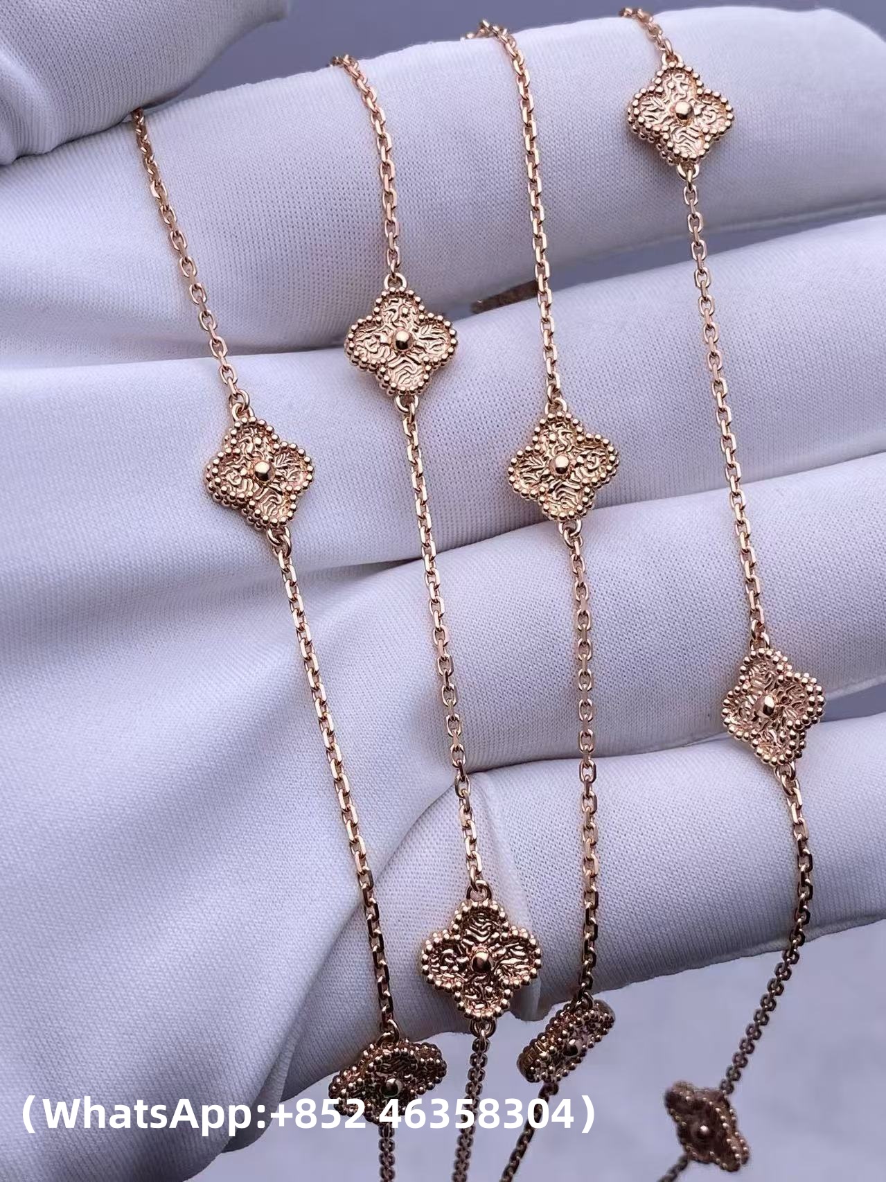 Custom Solid 18k Gold Van Cleef & Arpels Sweet Alhambra Long Necklace 16 Motifs 18K Rose Gold