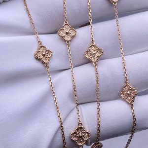 Custom Solid 18k Gold Van Cleef & Arpels Sweet Alhambra Long Necklace 16 Motifs 18K Rose Gold
