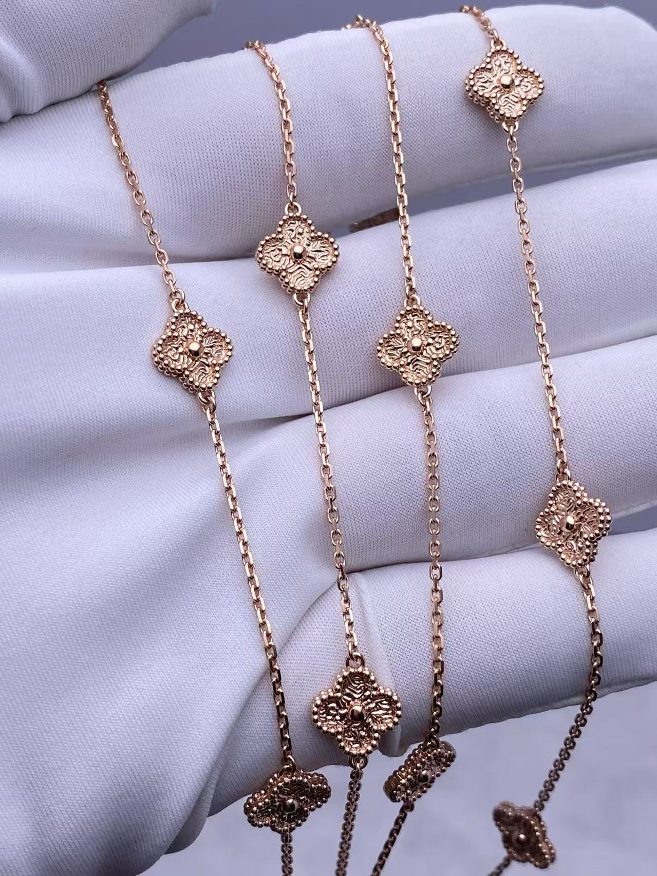 Custom Solid 18k Gold Van Cleef & Arpels Sweet Alhambra Long Necklace 16 Motifs 18K Rose Gold