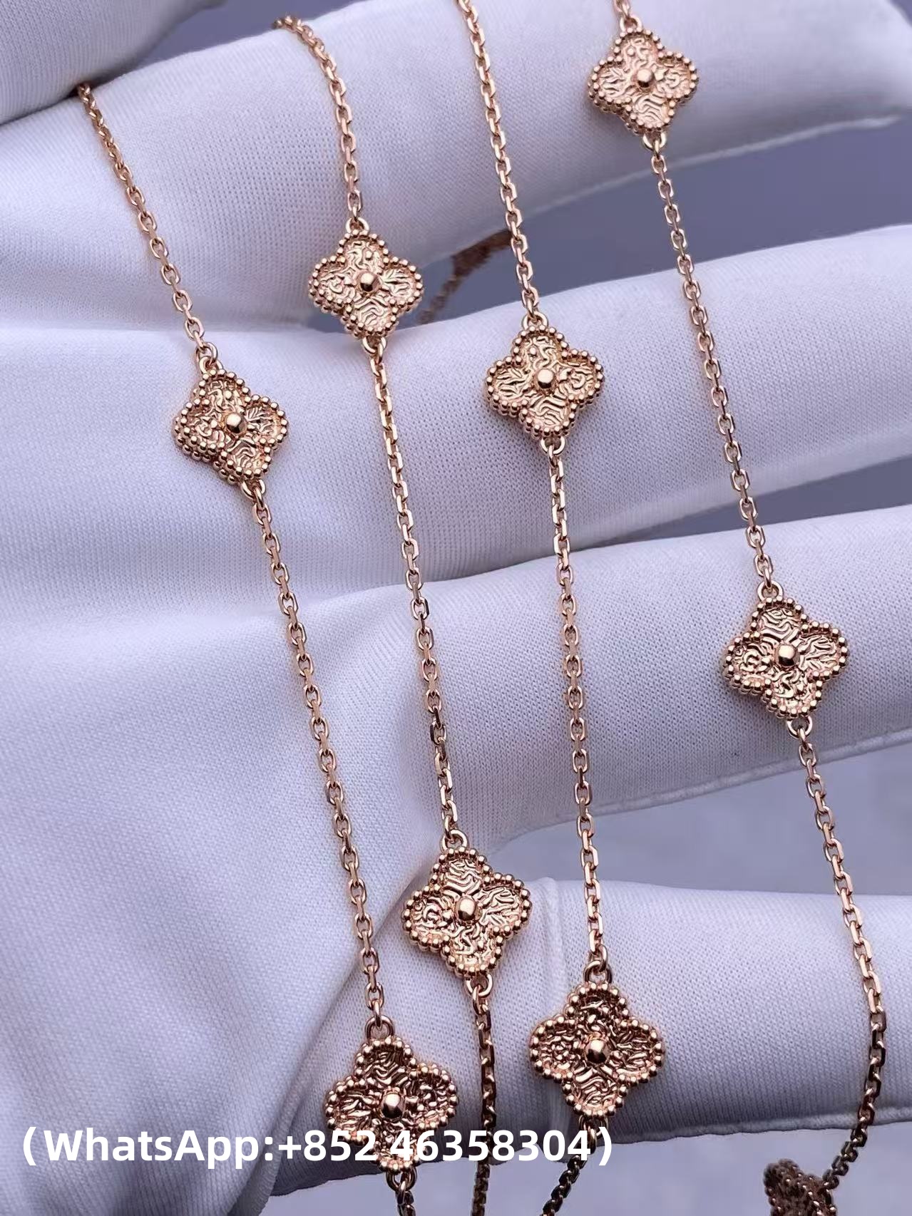 Custom Solid 18k Gold Van Cleef & Arpels Sweet Alhambra Long Necklace 16 Motifs 18K Rose Gold