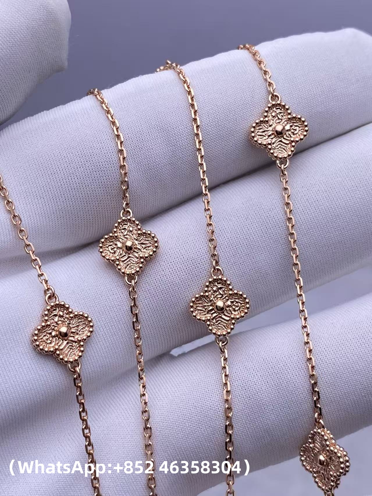 Custom Solid 18k Gold Van Cleef & Arpels Sweet Alhambra Long Necklace 16 Motifs 18K Rose Gold