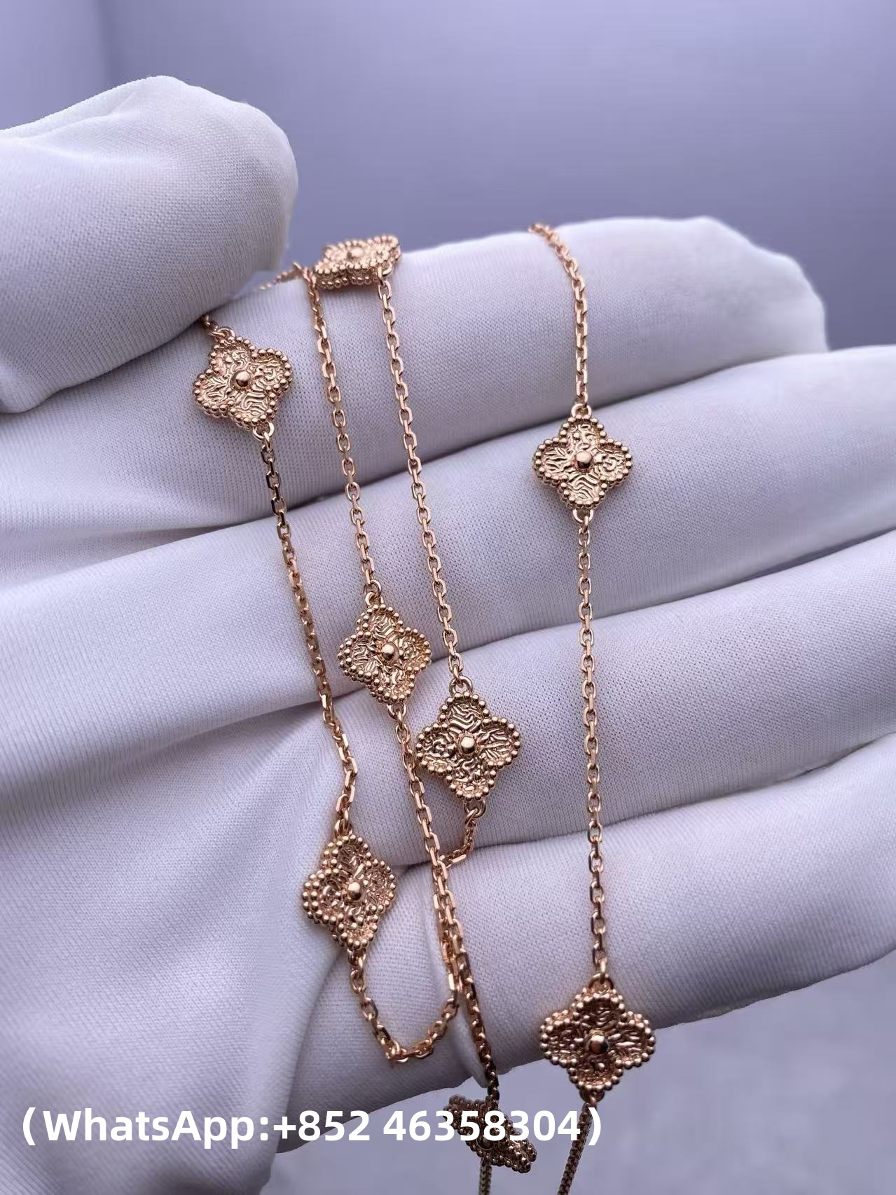 Custom Solid 18k Gold Van Cleef & Arpels Sweet Alhambra Long Necklace 16 Motifs 18K Rose Gold