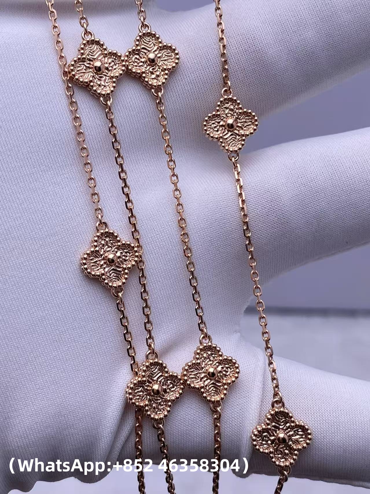 Custom Solid 18k Gold Van Cleef & Arpels Sweet Alhambra Long Necklace 16 Motifs 18K Rose Gold