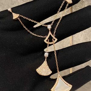 Custom Solid 18k Gold Bulgari Jewelry Divas’ Dream Necklace with Three Fan-Shaped Motifs Set with a Mother-of-Pearl Insert and Pavé Diamonds
