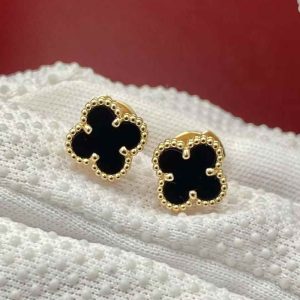 Custom solid 18k Gold Van cleef &Arpels Jewelry Sweet Alhambra Earstuds Onyx